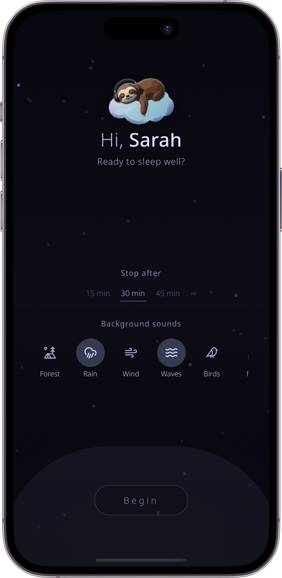 Pantalla principal de Drift con temporizador y sonidos de fondo opcionales